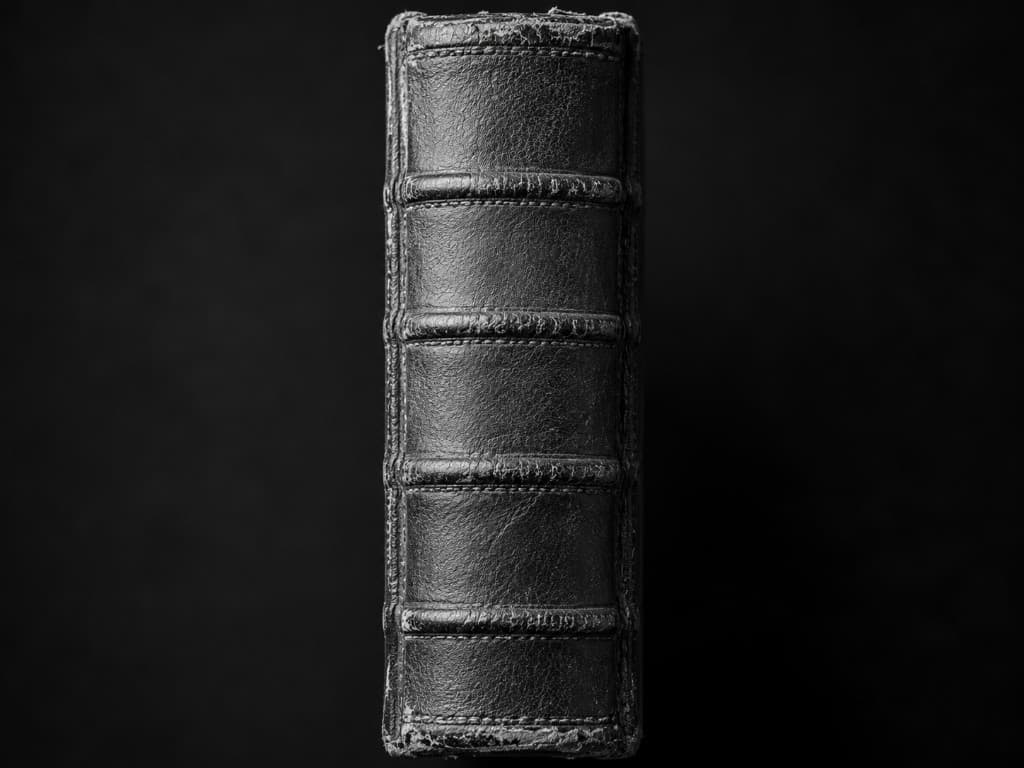 The spine of a single old leatherbound book, raised bands visible, no title.