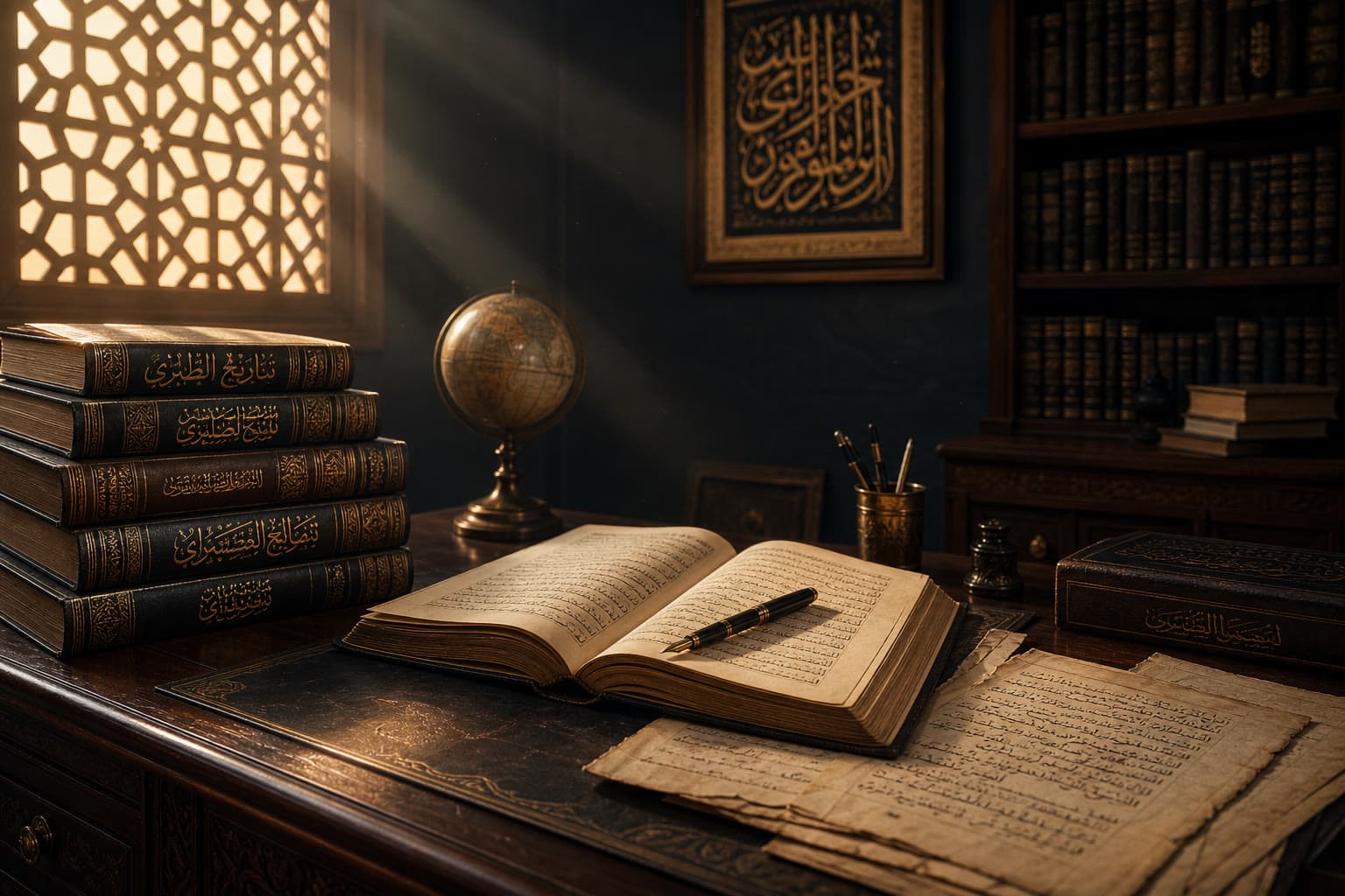 A scholarly desk with Arabic manuscripts, leather-bound books, and warm light through a lattice window.